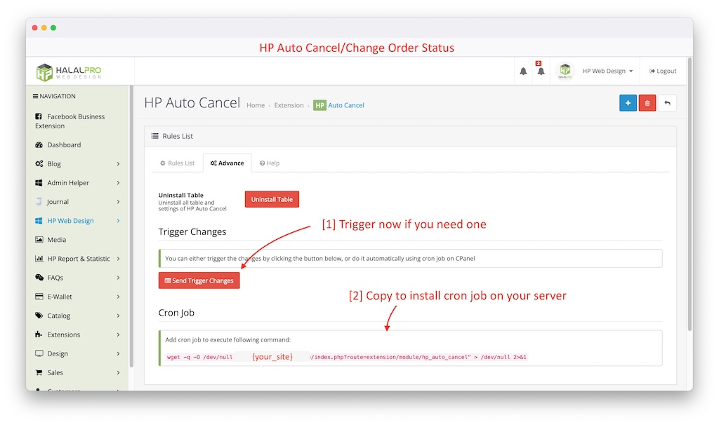 manually trigger auto order status changes opencart and install cron job